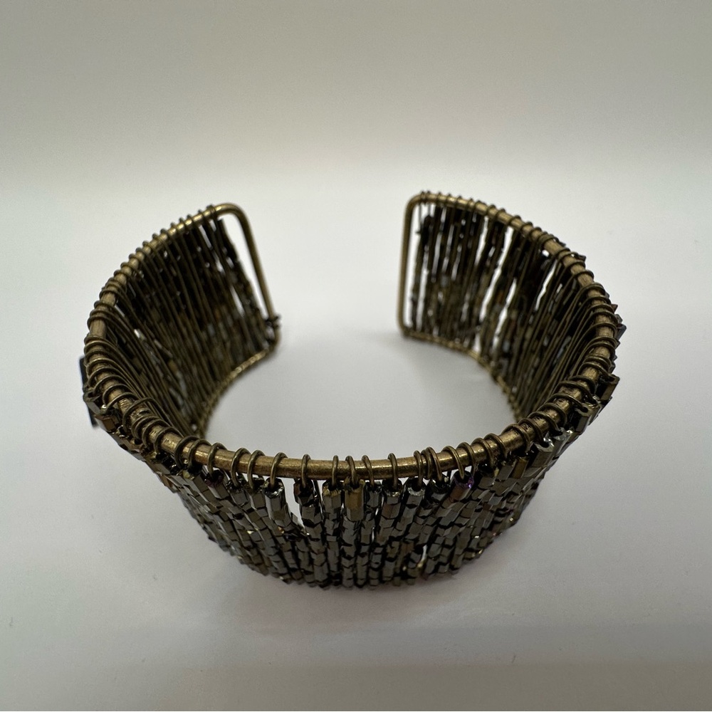 Cookie Lee Glass Bead Cuff Bracelet Wide Statement Bronze Gold Tone Boho Glam - Picture 4 of 7
